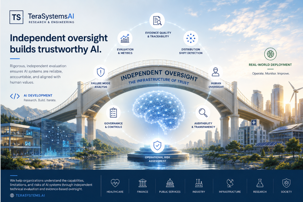 Independent Oversight, Stronger Trust. An architectural arch labeled Independent Oversight, the infrastructure of trust, spans two pillars, AI Development for internal development and Independent Review for external evaluation, framing a glowing neural-network brain labeled AI Systems, capable, powerful, consequential. A row of panels lists what oversight examines: evidence quality, uncertainty estimation, distribution shift, failure mode analysis, human oversight, governance and controls, and auditability and transparency.