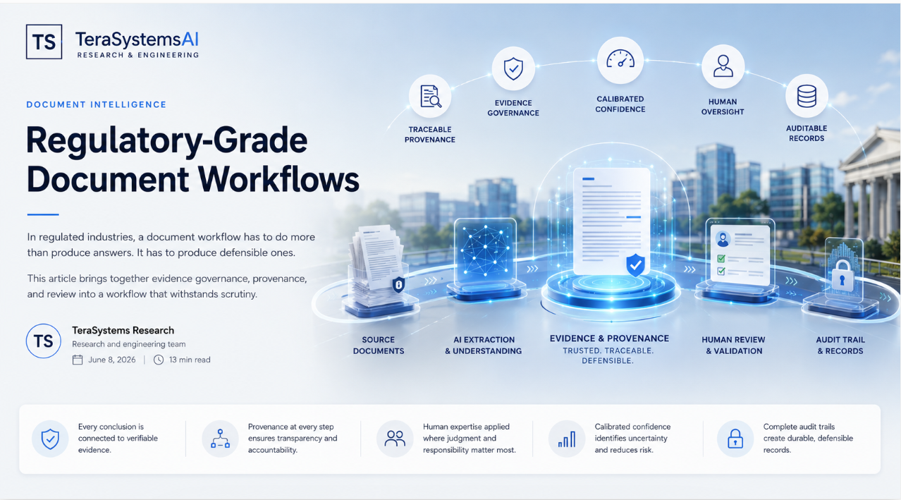 Regulatory-grade document workflows: an illustration of evidence governance, traceable provenance, calibrated confidence, human oversight, and a durable audit trail supporting a defensible AI-assisted decision.